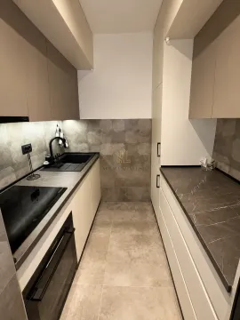 Modern galley kitchen with built-in cabinetry and a sink. - image 5