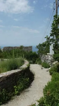 Uska staza okružena zelenilom i kamenim zidovima sa pogledom na more u daljini. - image 7