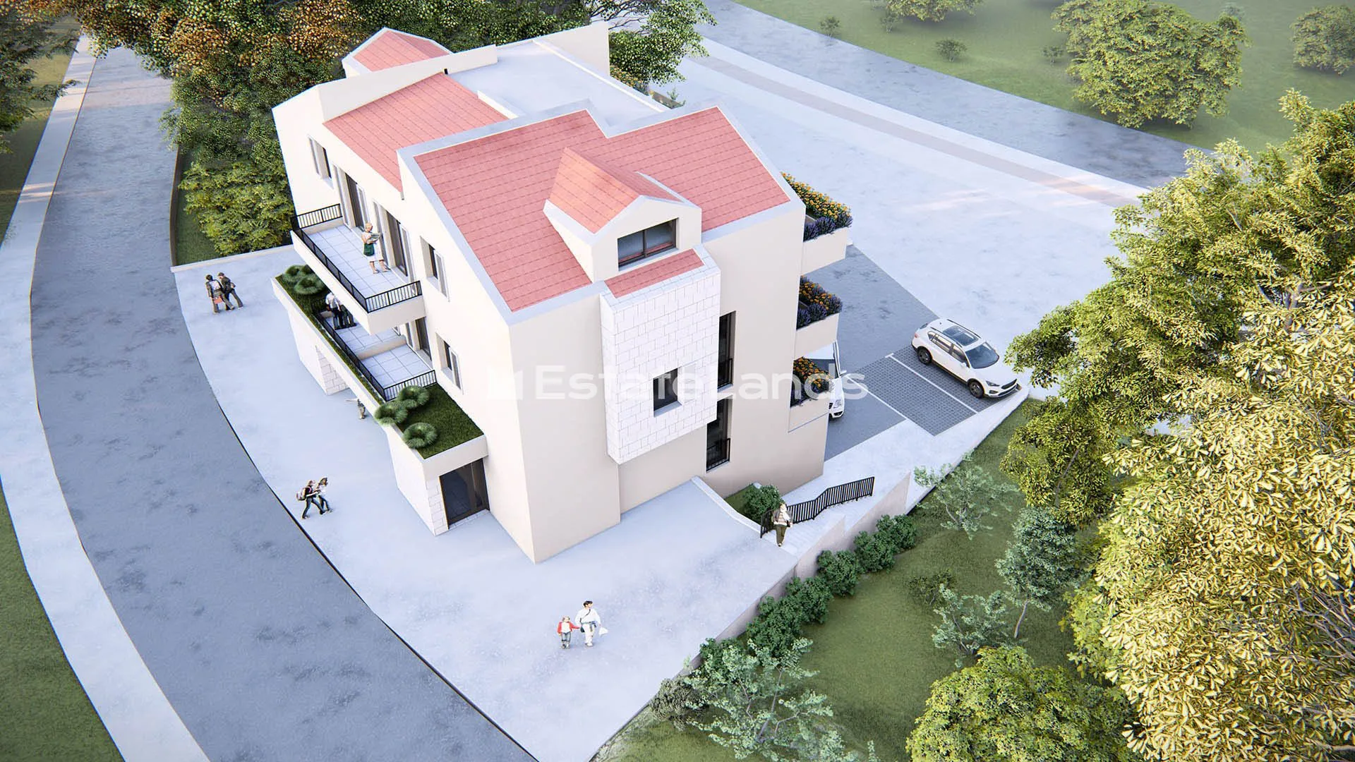 3D render stambene zgrade sa krovom od crvenog crijepa i uređenim dvorištem.