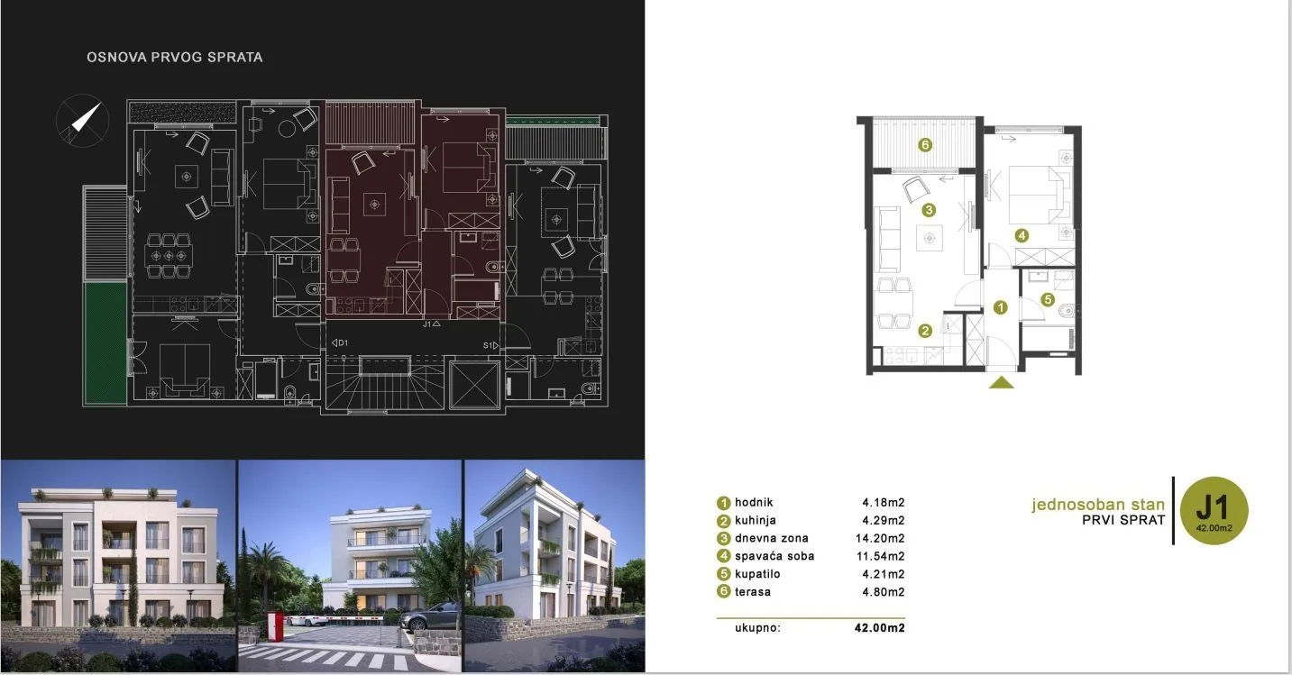 Tlocrt jednosobnog stana sa prikazanim 3D renderima eksterijera zgrade.
