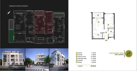 Tlocrt jednosobnog stana sa prikazanim 3D renderima eksterijera zgrade. - image 3