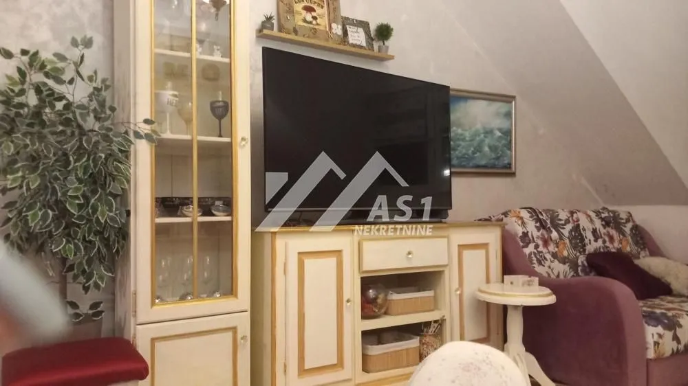 Dnevna soba sa TV-om, vitrinom i sofom.