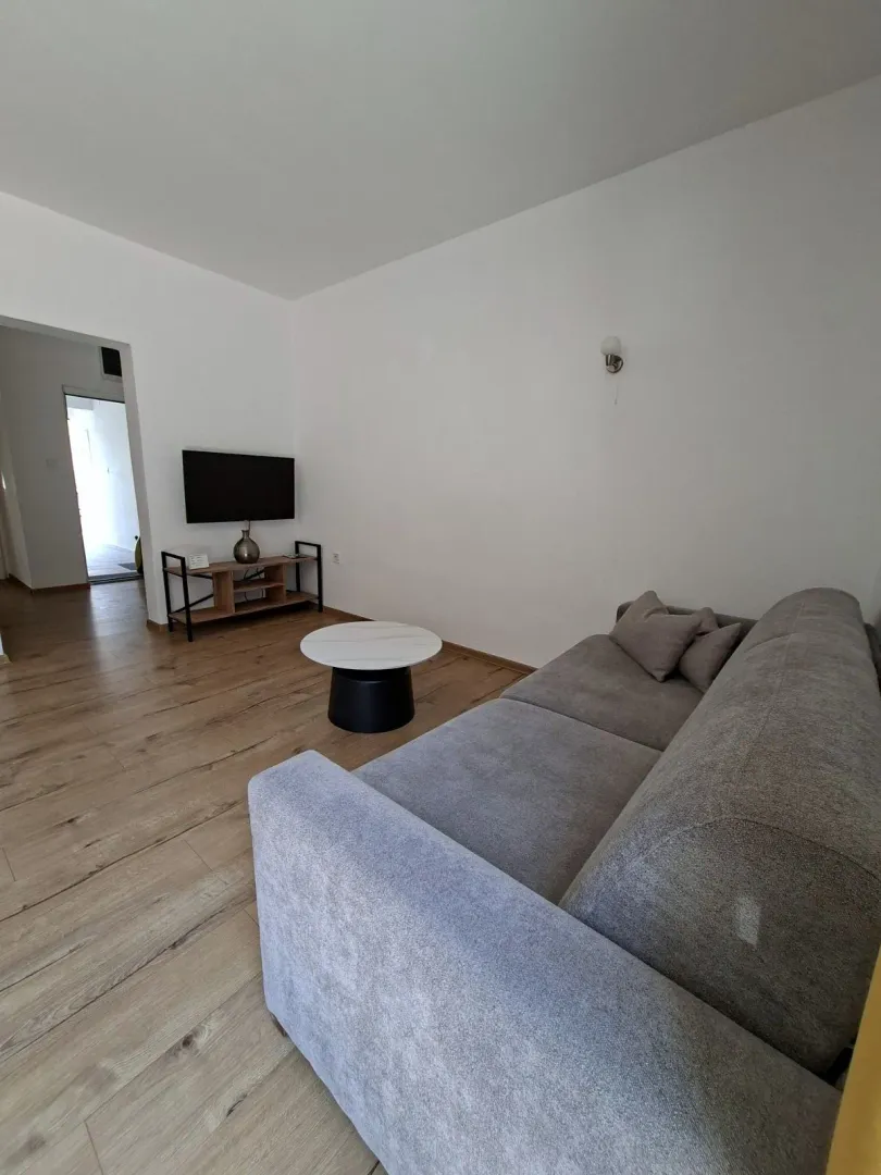Living room with a grey sofa, coffee table and television.