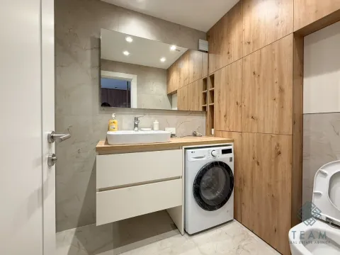 Modern bathroom with a sink, mirror, built-in wooden cabinets, and a washing machine. - image 6
