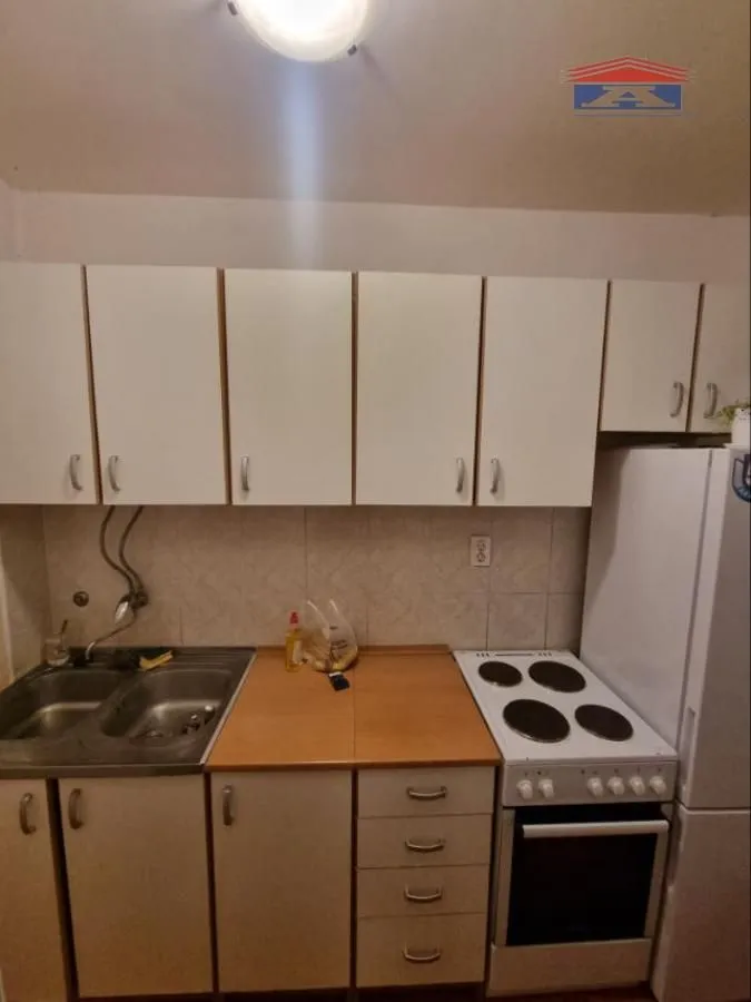 Manja kuhinja sa belim elementima, sudoperom, električnim šporetom i frižiderom.