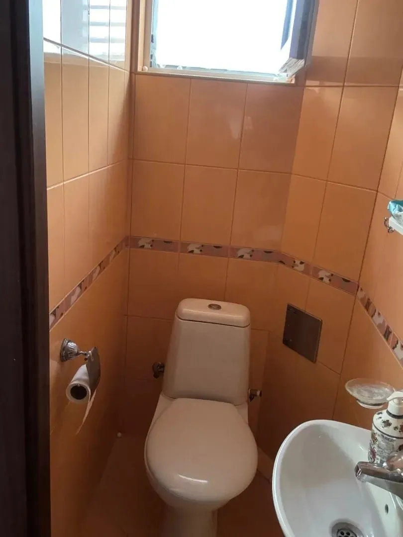 Manje kupatilo obloženo narandžastim keramičkim pločicama sa šoljom i umivaonikom.