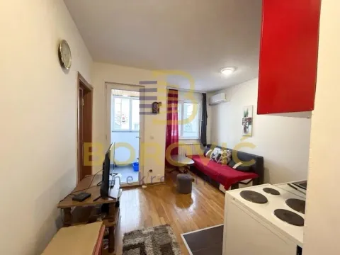 Manja dnevna soba sa kaučem, televizorom i kuhinjskim elementima u uglu. - image 3