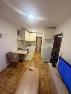 Living room with a dining table and a kitchen area in the corner. - image 4