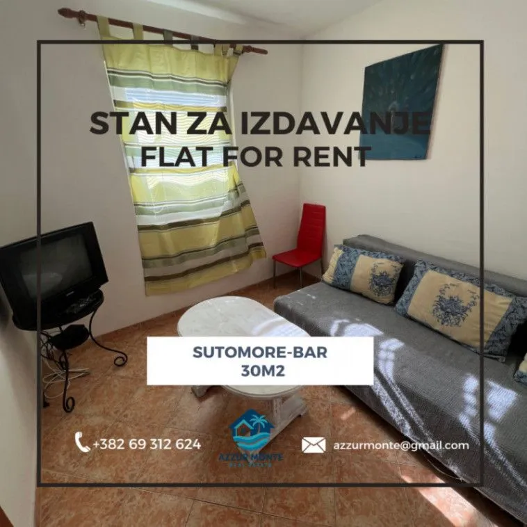 Izdavanje, jednosoban stan, 30m², Sutomore, Bar