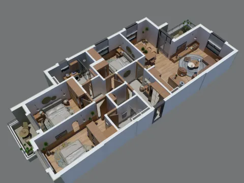 Trodimenzionalni prikaz osnove stana sa namještajem. - image 3