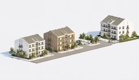 3D prikaz kompleksa stambenih zgrada sa parkingom i uređenim zelenilom. - image 2