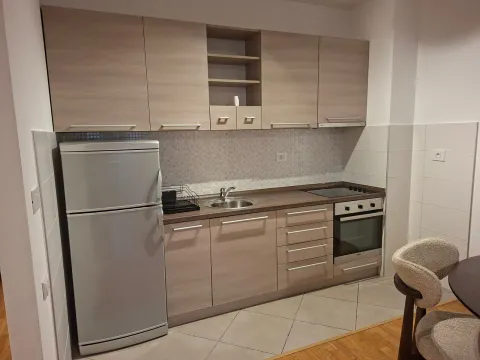 Kuhinja opremljena drvenim elementima, frižiderom i ugradnom rernom. - image 2