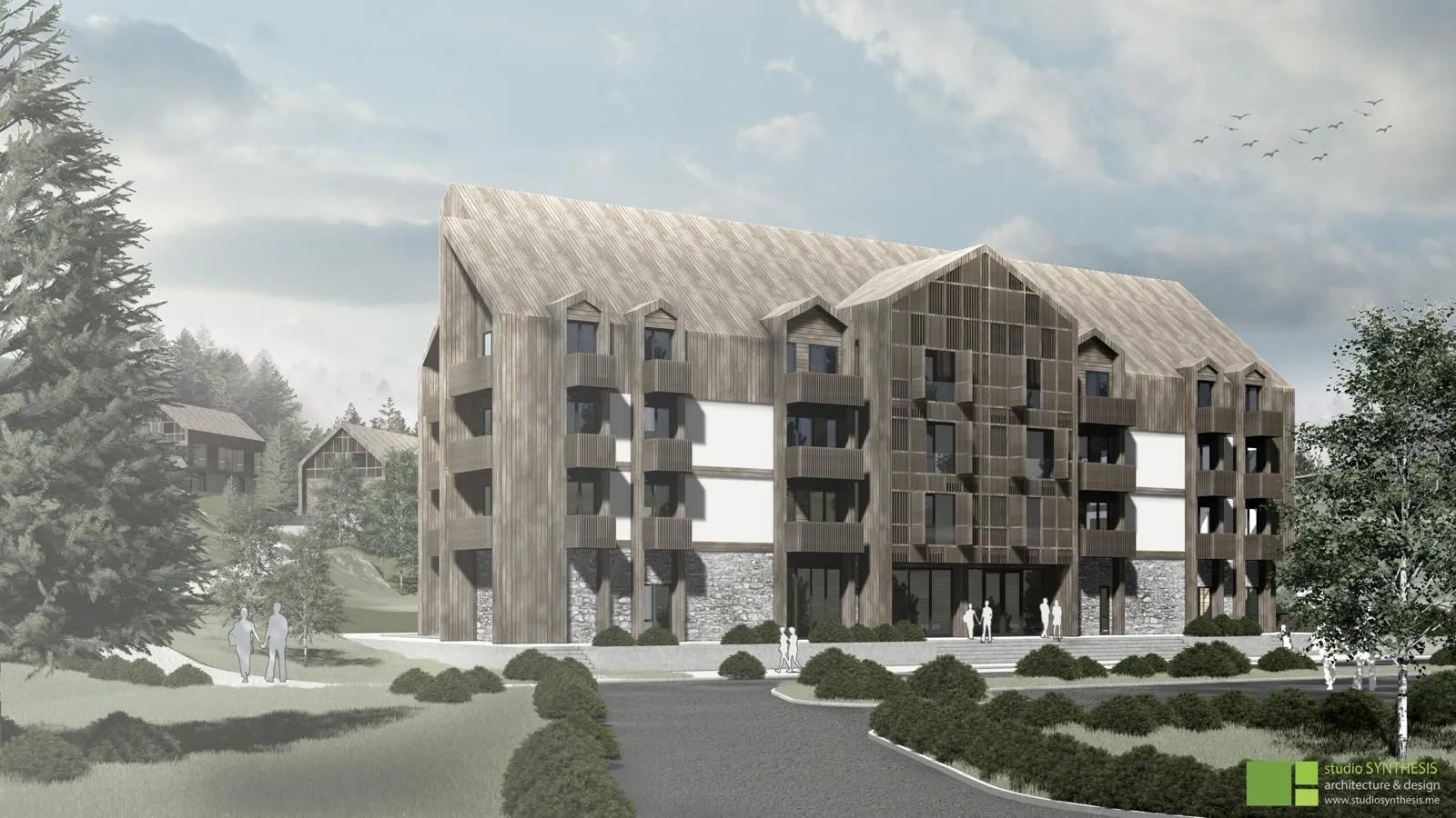Spoljašnji izgled moderne planinske zgrade sa drvenom fasadom.