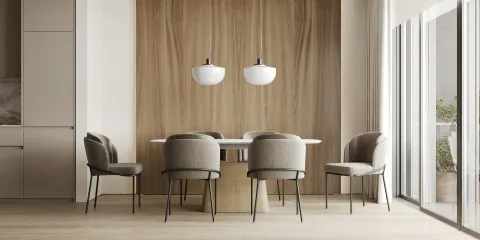 Dining area with a dining table and chairs against a wooden wall paneling. - image 9
