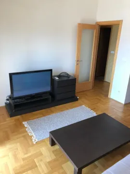 Living room with a television, low coffee table, and parquet flooring. - image 7