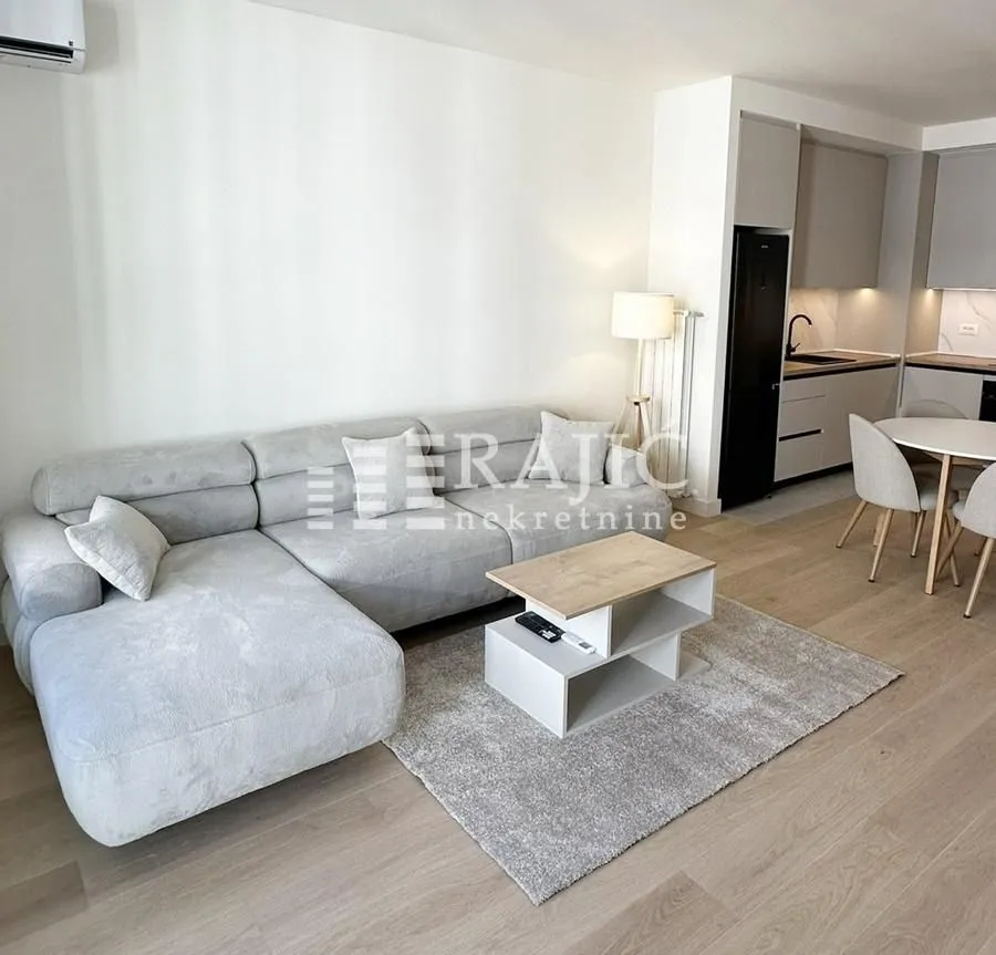 Living room with a sofa connected to the dining area and kitchen.