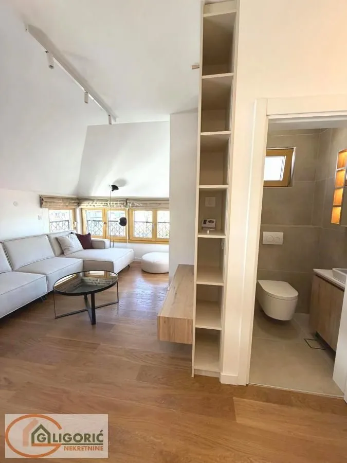 Living room with a sofa and a view towards the bathroom.