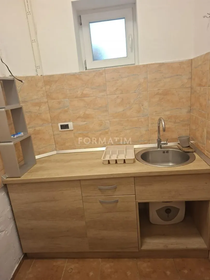 Smaller kitchen with a sink and wooden-pattern lower cabinets.