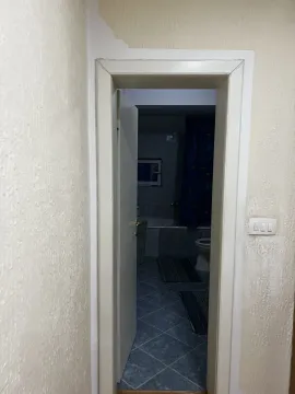 Pogled kroz vrata na funkcionalno kupatilo sa plavim pločicama. - image 16