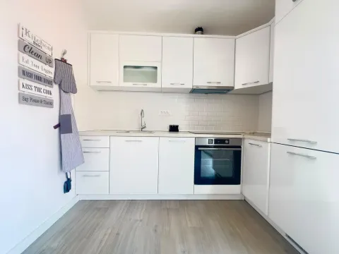 Modern white kitchen with built-in appliances and laminate flooring. - image 5