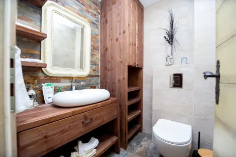 Modernly decorated bathroom with wooden elements, a washbasin and a toilet. - image 12