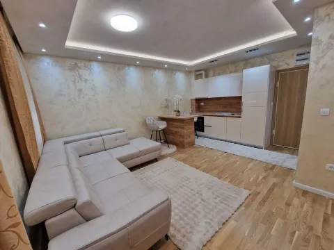 Svijetao dnevni boravak otvorenog tipa sa ugaonom garniturom i kuhinjskim dijelom. - image 3