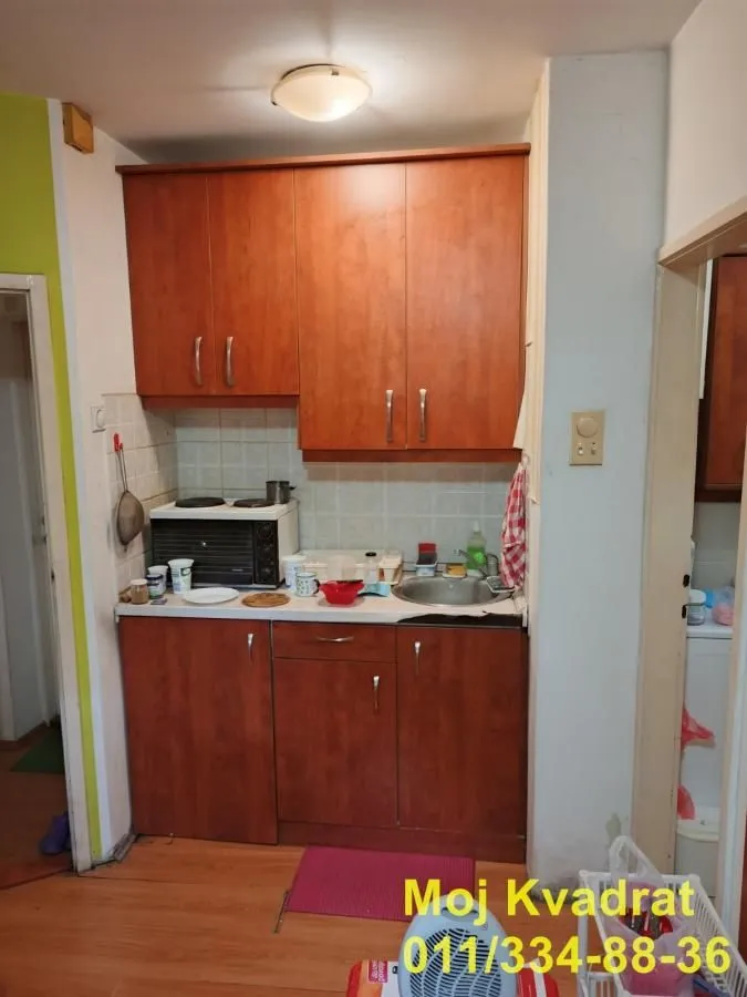 Manja kuhinja sa drvenim elementima i sudoperom.