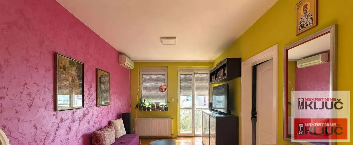 Dnevna soba sa šarenim zidovima, garniturom i izlazom na terasu.