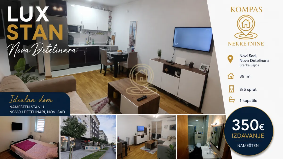 Izdavanje, jednosoban stan, 39m², Nova Detelinara, Novi Sad Sve Podlokacije