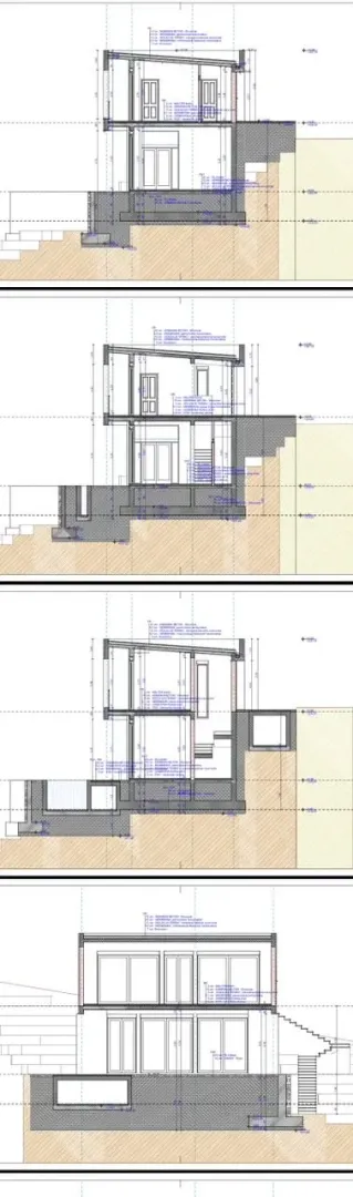 Arhitektonski nacrt i presjek objekta sa kotama i detaljima gradnje.