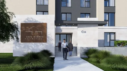 Spoljašnji izgled moderne stambene zgrade sa uređenim ulazom i ljudima. - image 2
