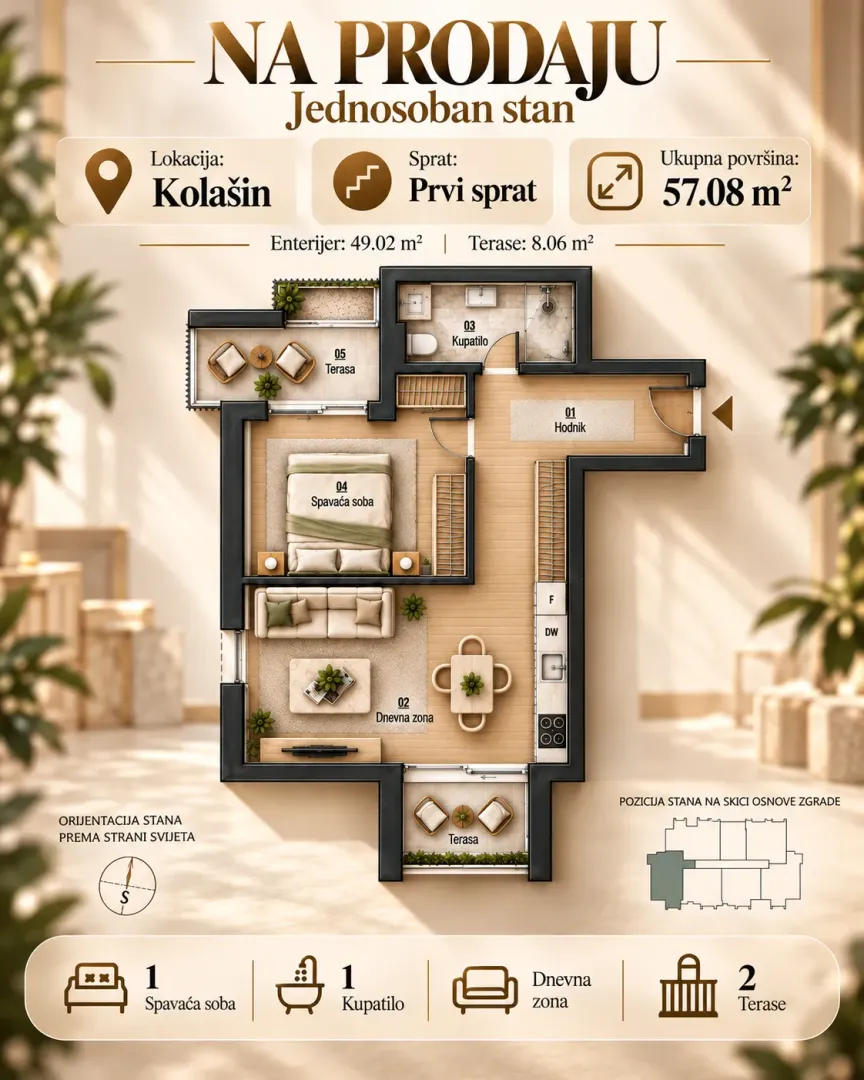 Grafički prikaz osnove stana sa rasporedom prostorija i namještajem.