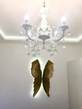 Detalj enterijera sa elegantnim lusterom i ukrasnim krilima na zidu. - image 9