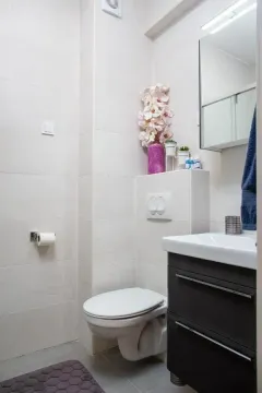 Small bathroom with a toilet, sink, and mirror. - image 13