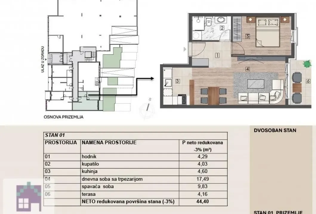 Sale, two bedroom apartment, 44m², Obrenovac, Beograd