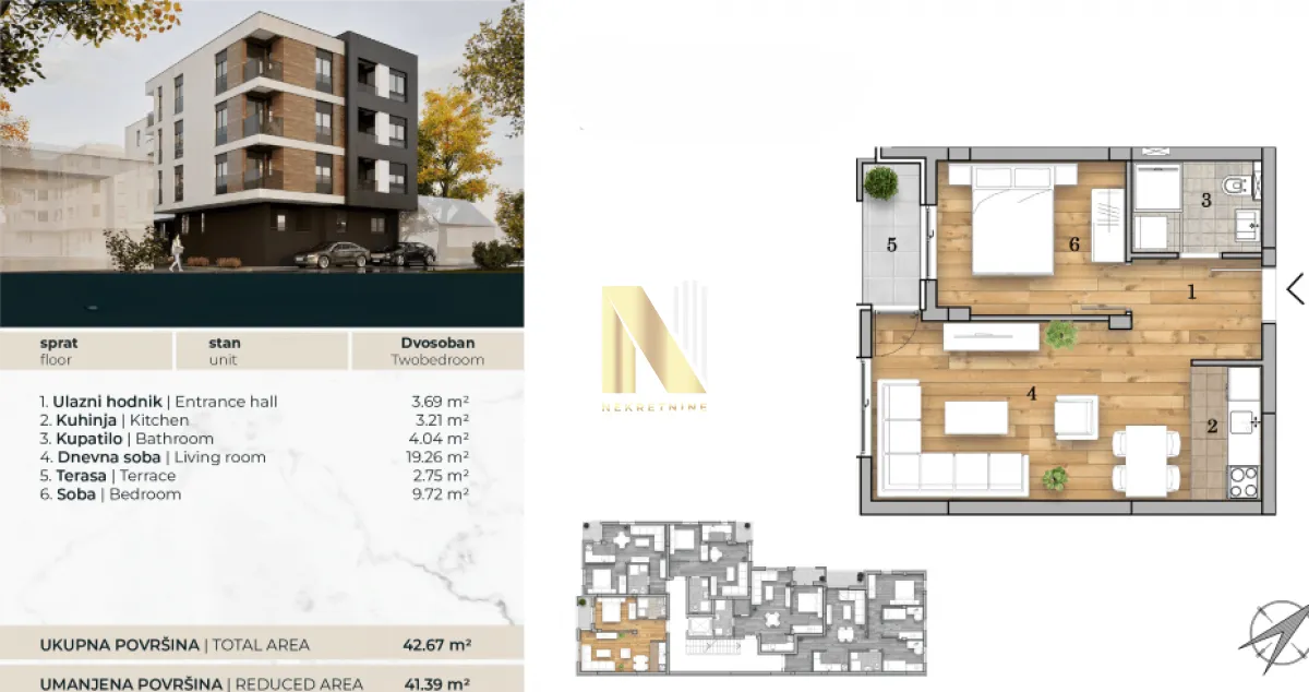 Sale, two bedroom apartment, 42m², Telep, Novi Sad Sve Podlokacije
