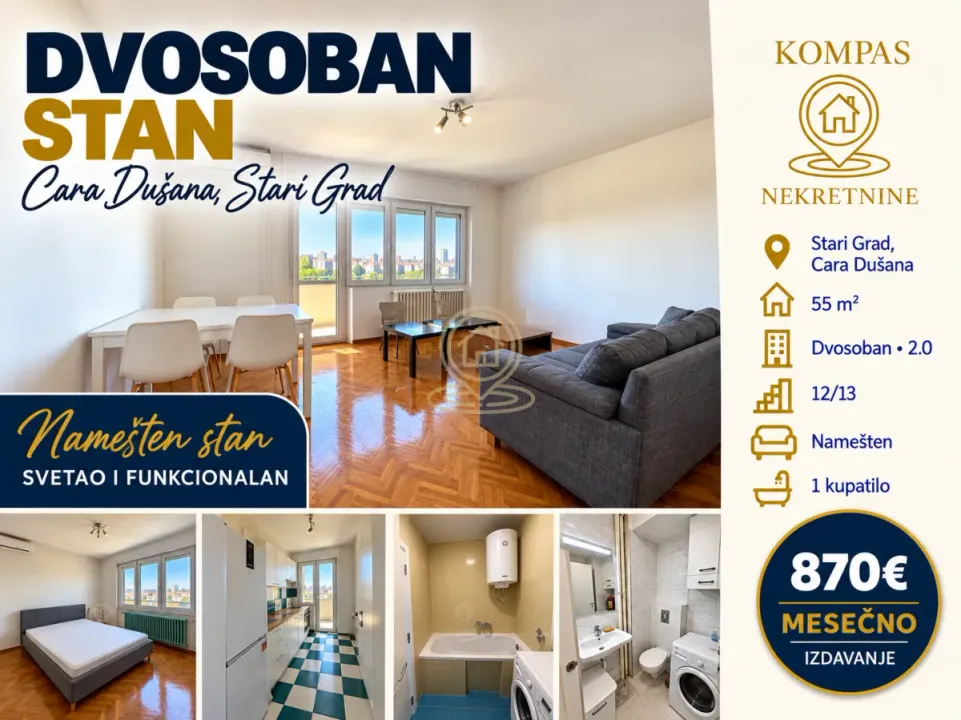 Rent, two bedroom apartment, 55m², Stari Grad, Beograd