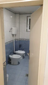 A simple bathroom with blue and white tiles, a toilet, and a bidet. - image 16
