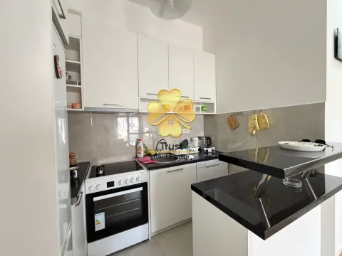 Manja bijela kuhinja sa crnim radnim pločama i šankom. - image 6
