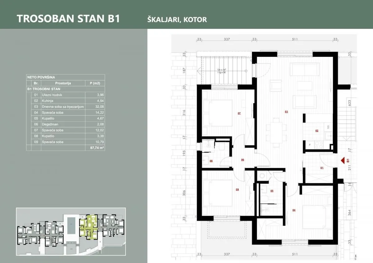 Sale, three bedroom apartment, 87m², Kotor, Crna Gora