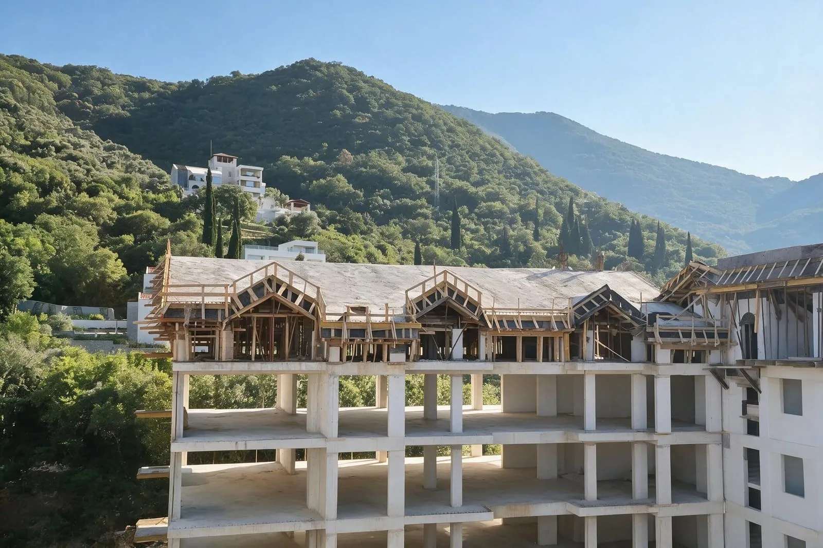 Pogled na zgradu u izgradnji sa krovnom konstrukcijom i okolnim zelenilom.