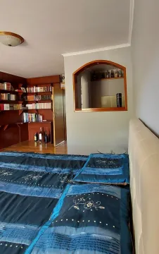 A bedroom featuring a large bed with a bookshelf in the background. - image 5