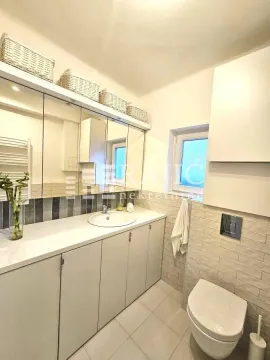 Brightly equipped bathroom with a washbasin, built-in cabinets, and a toilet. - image 3