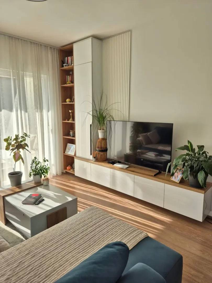 Living room with sofa, television and built-in units.