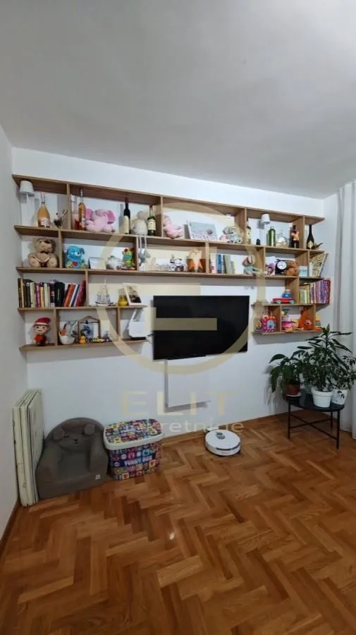 Dnevna soba sa zidnim policama, knjigama i televizorom.