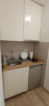Small kitchen with a sink, built-in cooktop, and refrigerator. - image 10