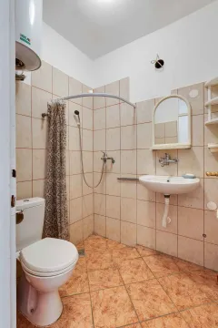 Manje kupatilo obloženo keramičkim pločicama sa tuš kabinom, umivaonikom i toaletom. - image 14