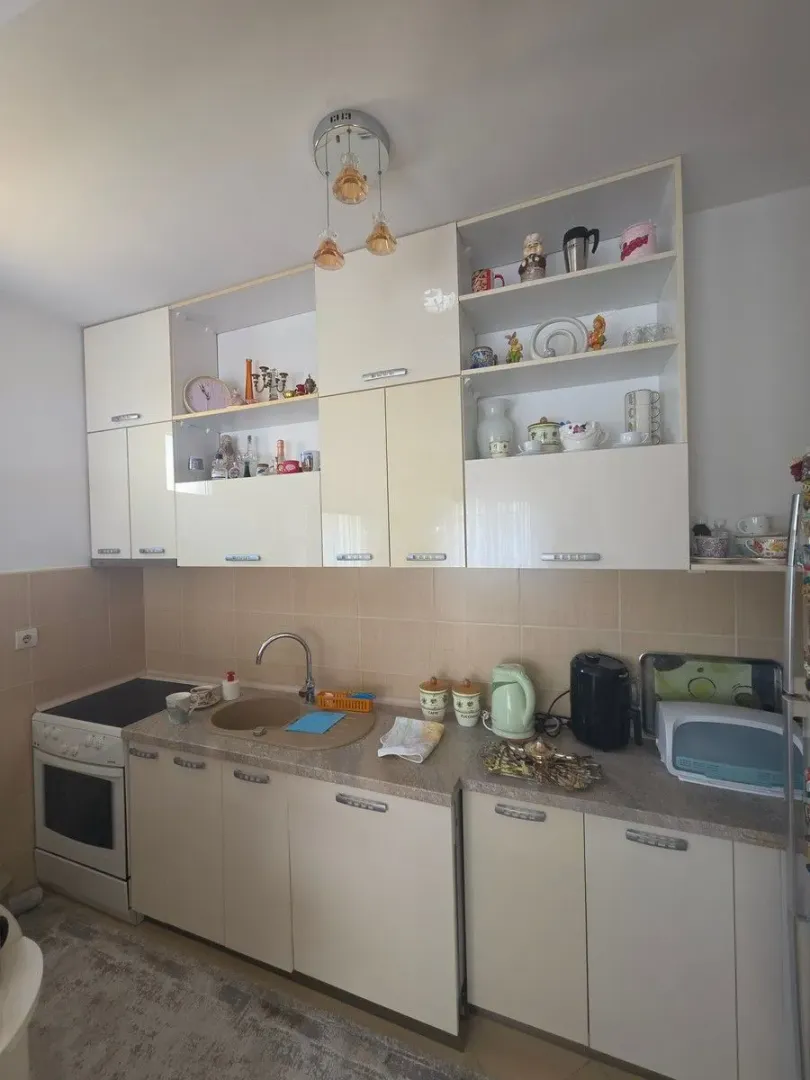 Manja opremljena kuhinja sa visećim elementima i aparatima.