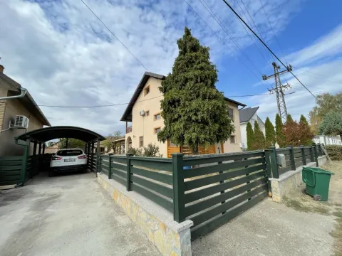 Pogled na dvorište i fasadu kuće sa nadstrešnicom za auto i ogradom. - image 6
