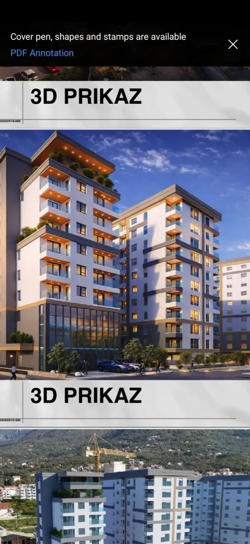 3D prikaz modernih stambenih zgrada sa terasama i uređenim okruženjem.